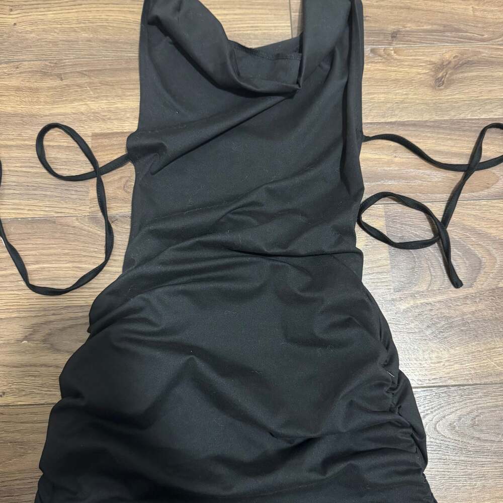 Lioness String Along Ruched Bodycon Halter Mini Dress in Black